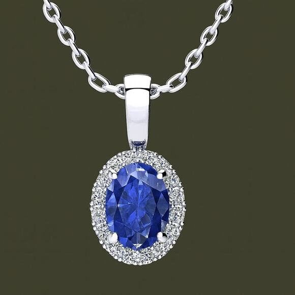 Birthstone Diamond Necklace | 1 ct Oval Gemstone .10ct Lab Grown Diamond Halo - Picture 1 of 12